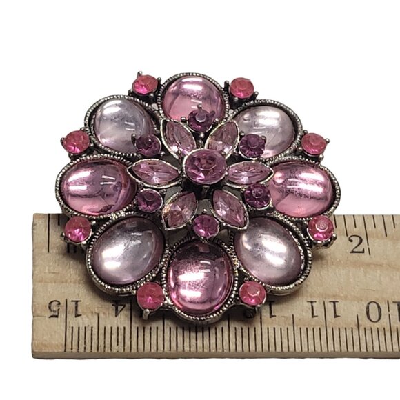 Vintage Floral Pink Rhinestone Brooch Pin With Silver-Tone Metal Backing - Picture 2 of 10